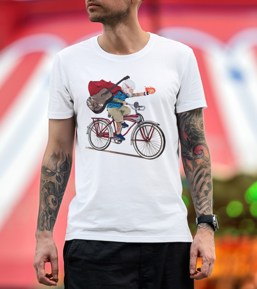 21st Century Hero Racing with Guitar and Fireball on Bicycle T-Shirt