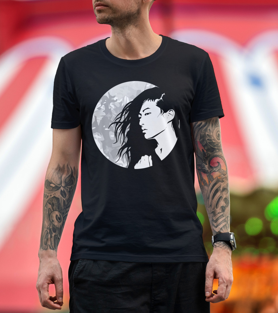 Moon Woman Black and White Portrait in Circular T-Shirt