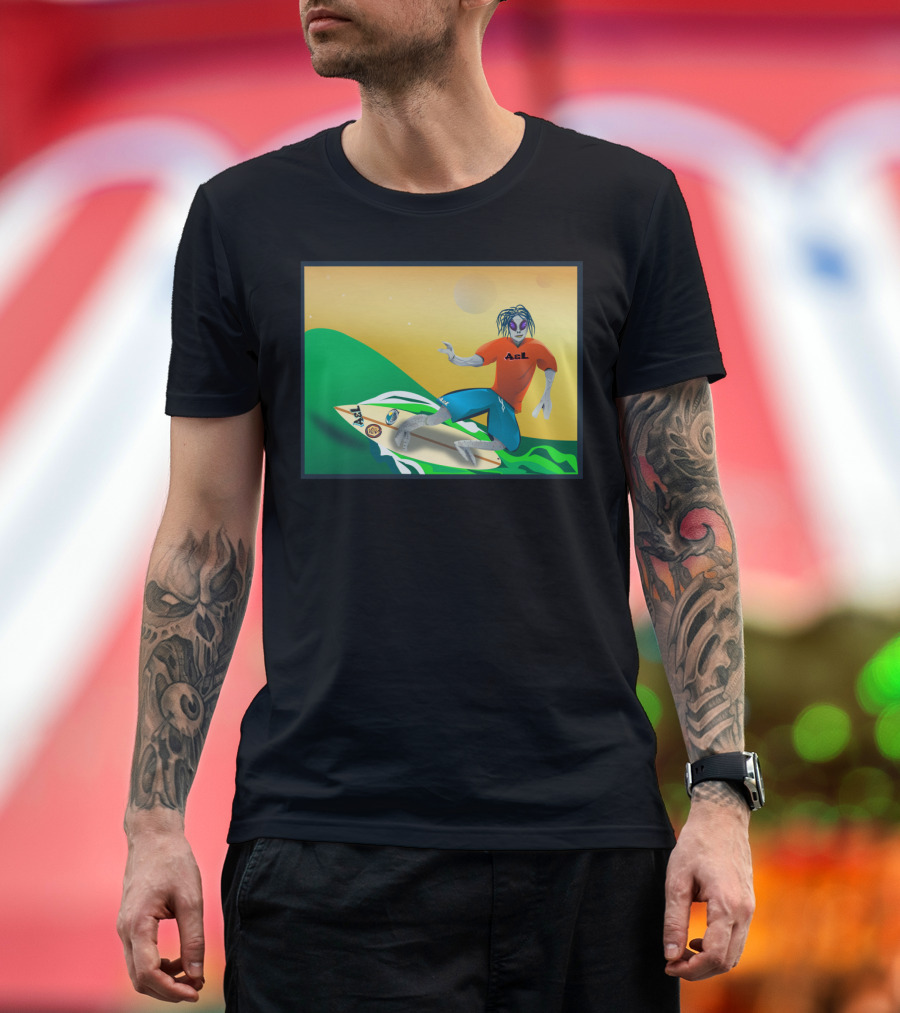 A&L Alien Surfer on Cosmic Waves with Vibrant Sunset T-Shirt