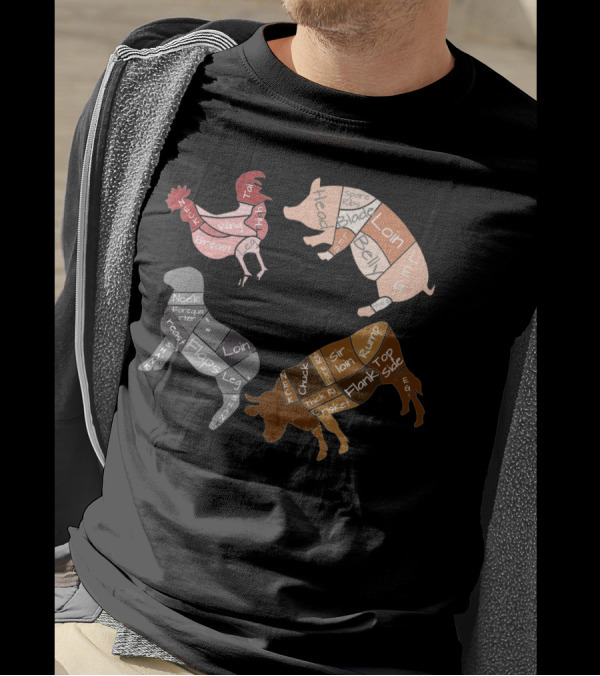 Butcher Cuts Diagram Round Chicken Pig Cow Lamb T-Shirt
