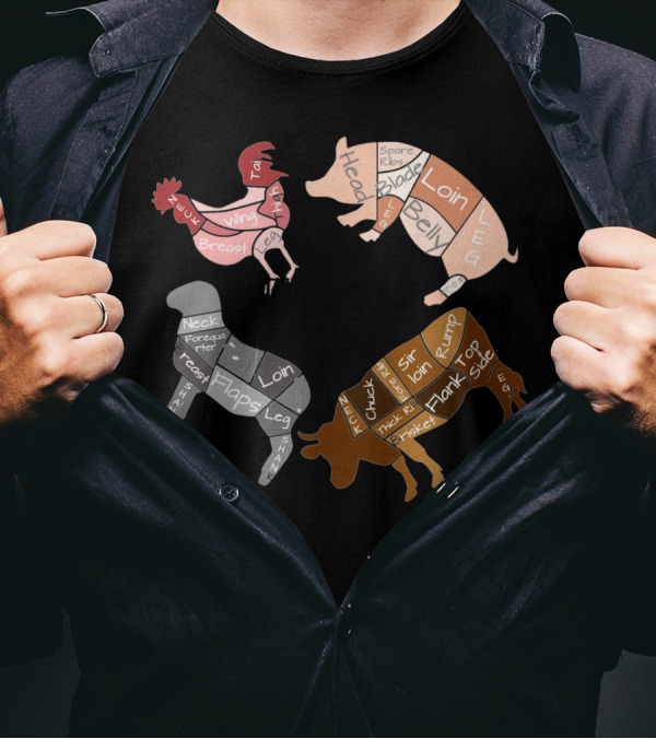 Butcher Cuts Diagram Round Chicken Pig Cow Lamb T-Shirt