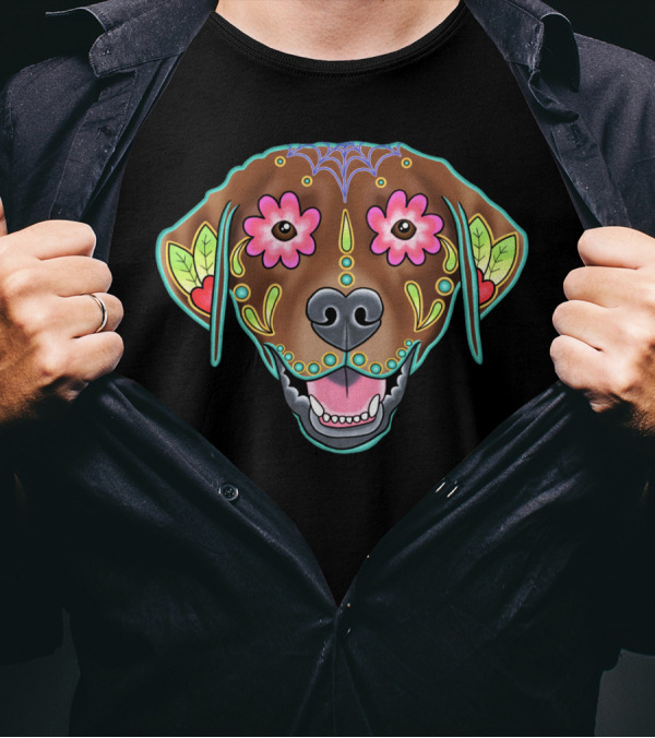 Labrador Retriever Sugar Skull Inspired Chocolate Day Of The Dead T-Shirt