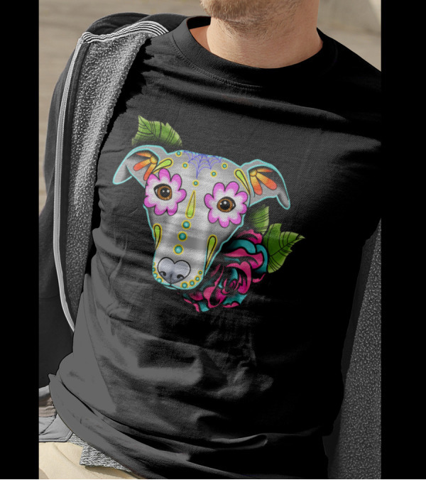 Greyhound Whippet Day Of The Dead Sugar Skull Dog Roses T-Shirt