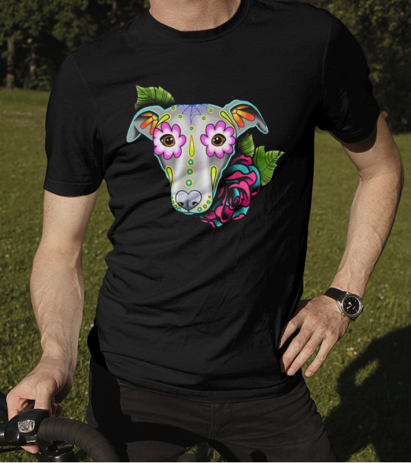 Greyhound Whippet Day Of The Dead Sugar Skull Dog Roses T-Shirt