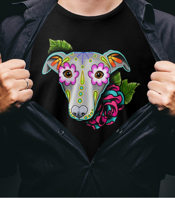 Greyhound Whippet Day Of The Dead Sugar Skull Dog Roses T-Shirt
