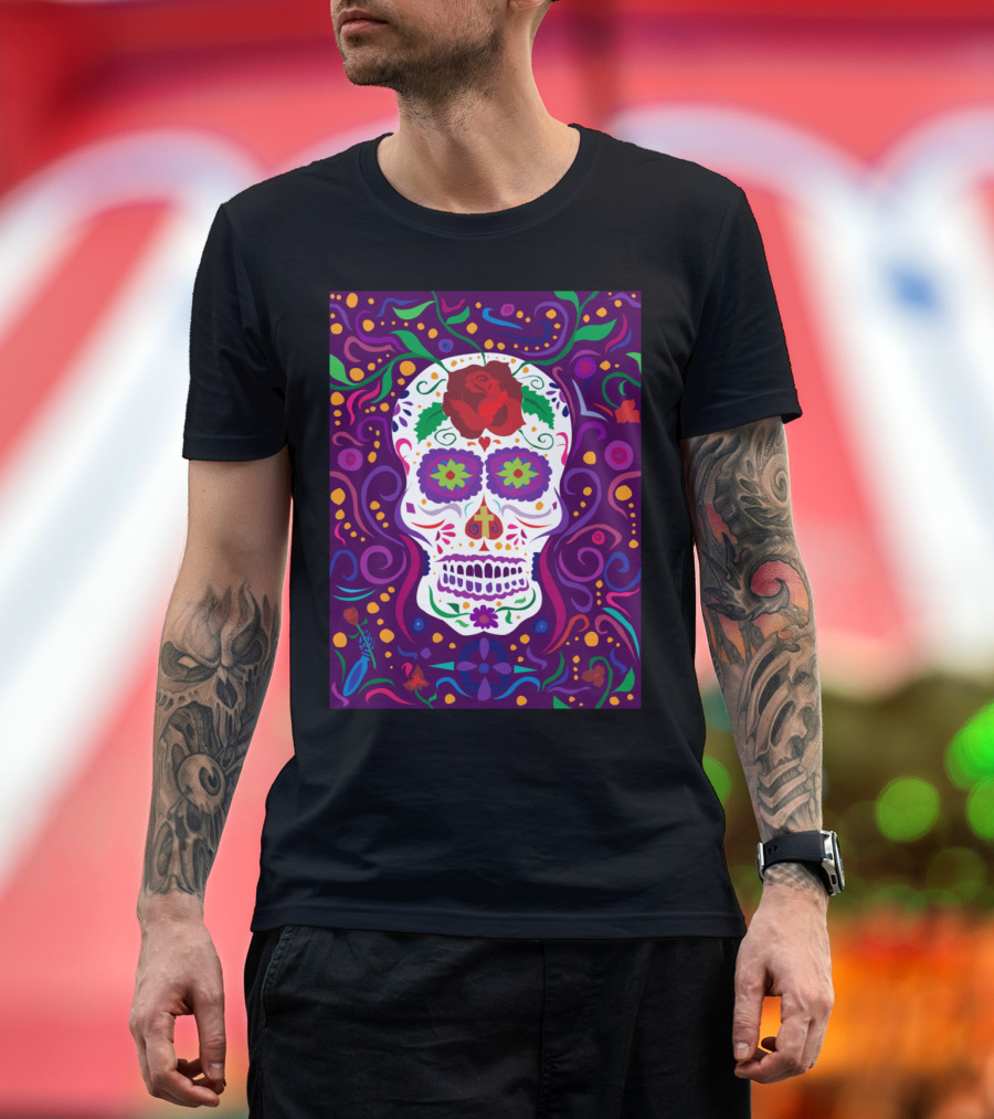 Colorful Sugar Skull with Floral Patterns and Vines T-Shirt