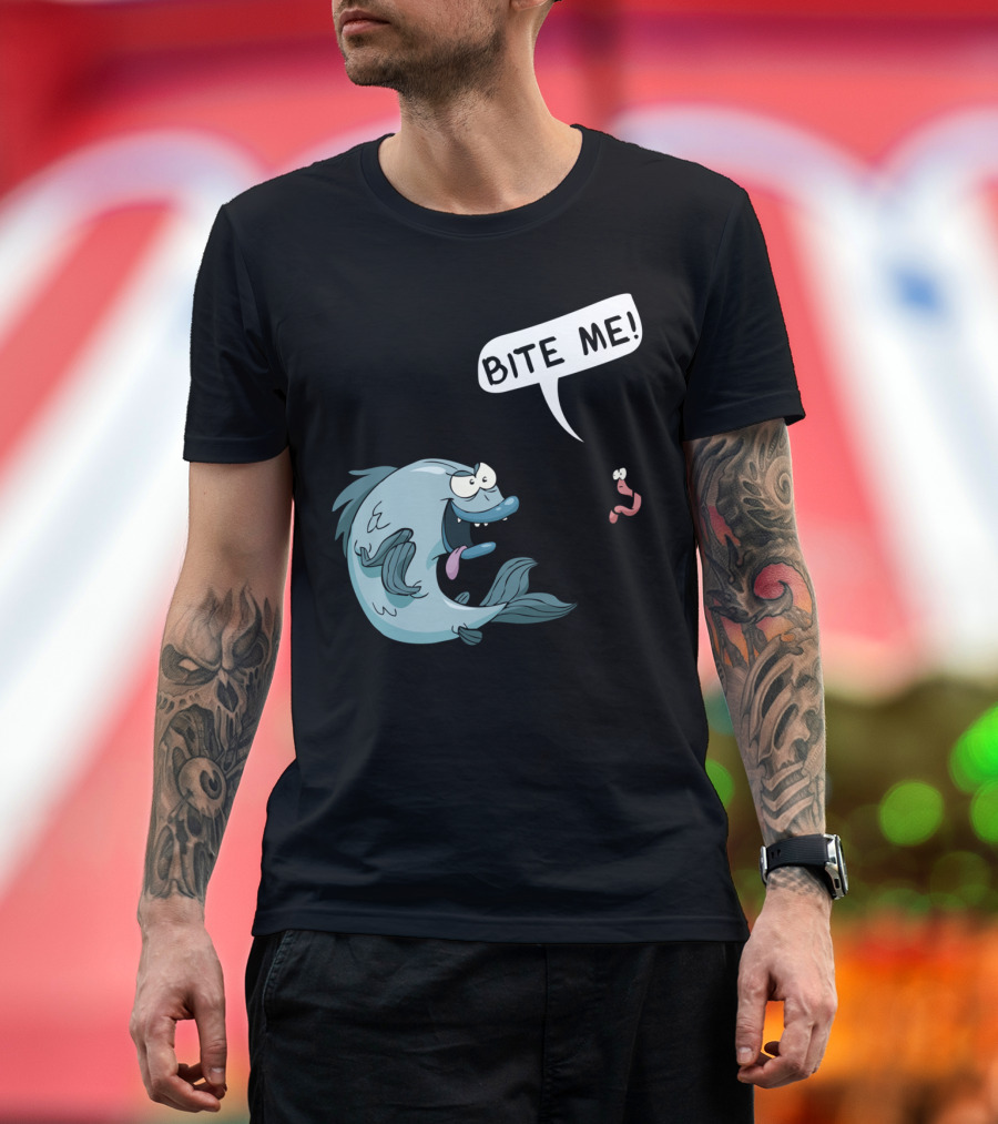 Bite Me Funny Fishing Worm and Fish Encounter T-Shirt