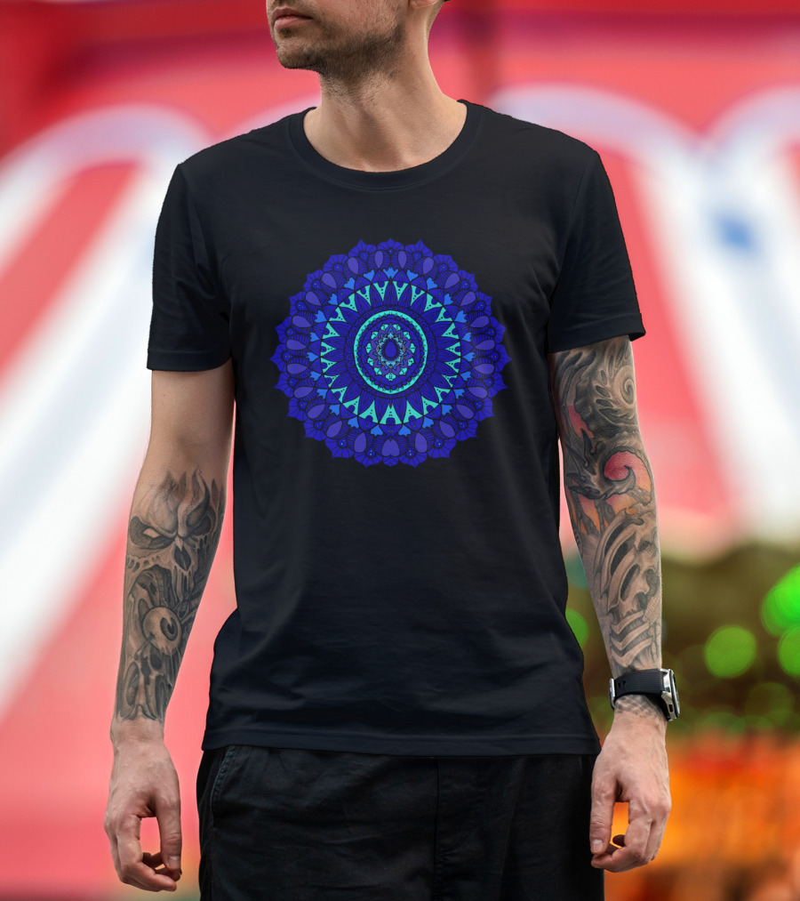 Hand Drawn Bohemian Sapphire Blue Mandala T-Shirt