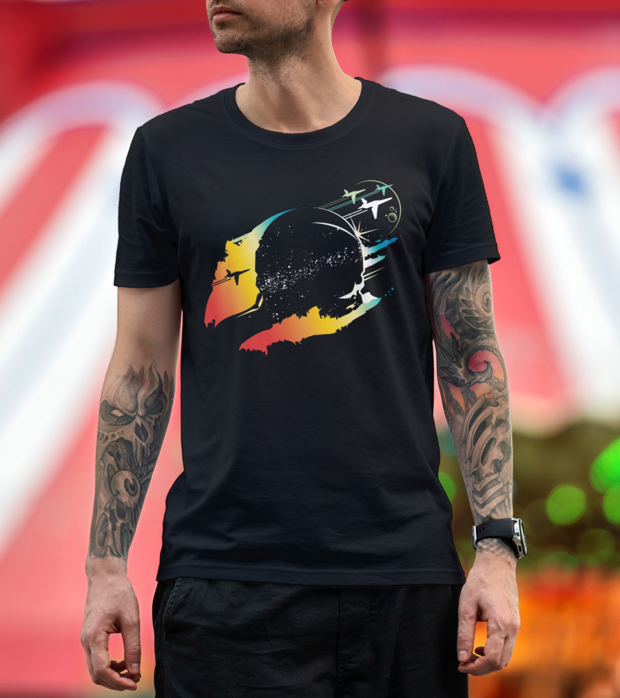 Colorful Astronaut Space Walk Shuttle Pilot Galaxy with Planes and Stars T-Shirt