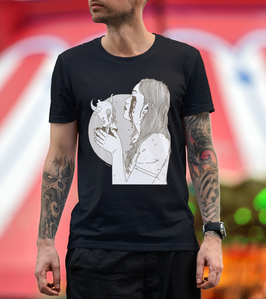 Deadly Consumption Woman with Crying Eyes Holding Demon Cup T-Shirt