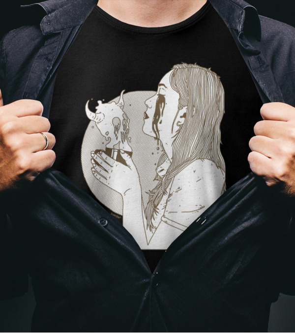 Deadly Consumption Woman With Crying Eyes Holding Demon Cup T-Shirt