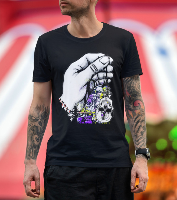 Premium T-Shirt: Hand Of Fate Skeletal Hand Holding Vibrant Skull Charm T-Shirt Hand Of Fate Skeletal Hand Holding Vibrant Skull Charm T-Shirt