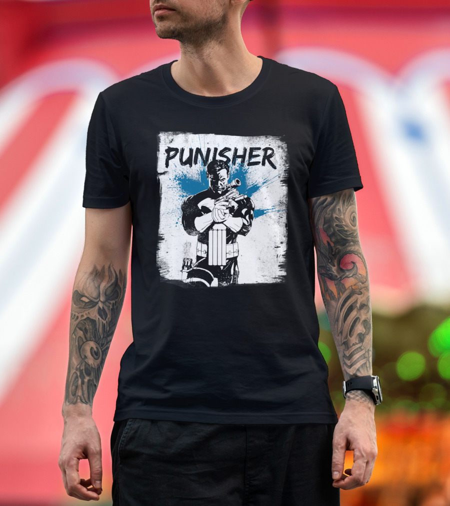 PUNISHER Paint Splatter Comic Style Blue Accents T-Shirt