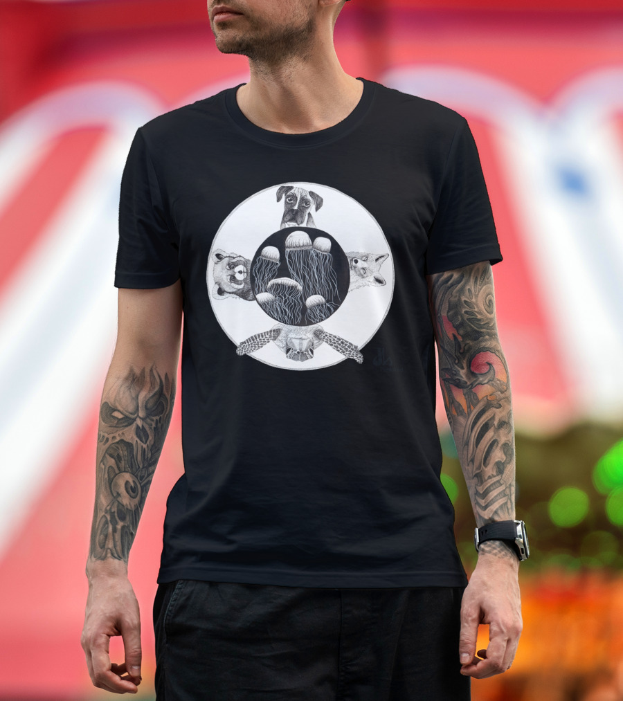 The World Terra Jellyfish Turtle Dog Racoon Fox by Peninked T-Shirt