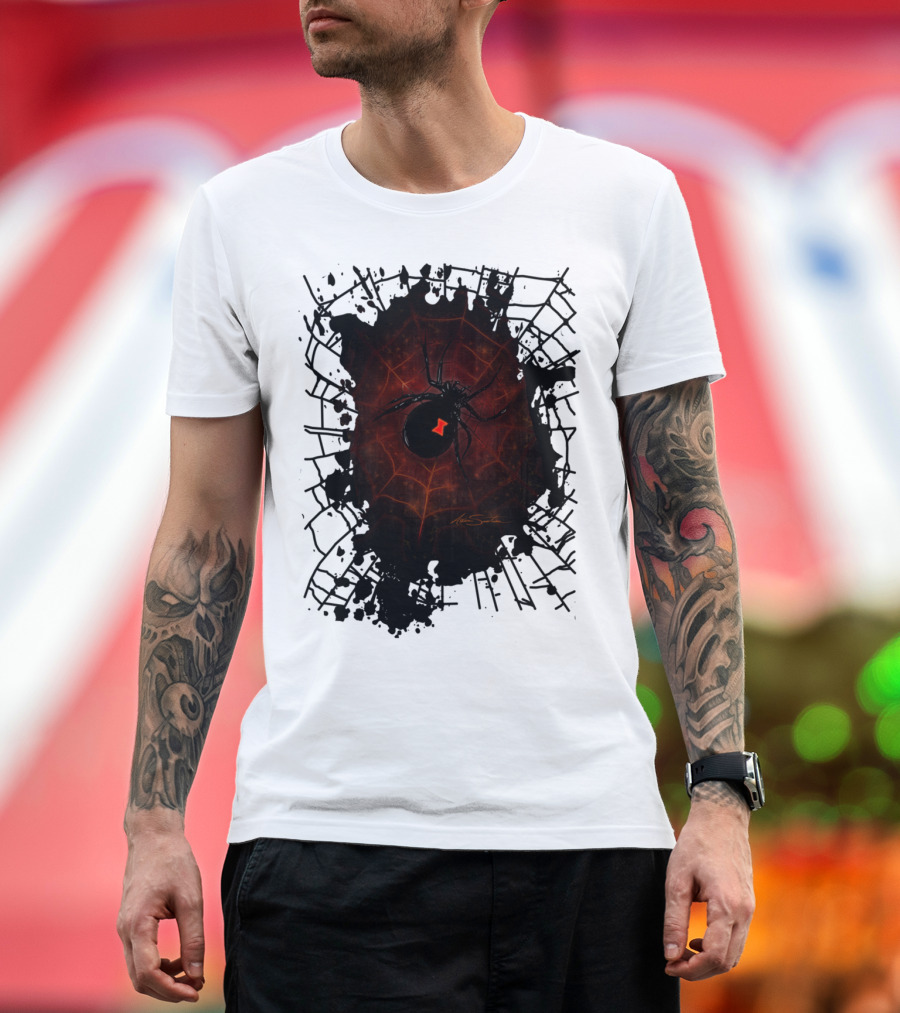 Black Widow Spider Web Design with Red Symbol Signature T-Shirt