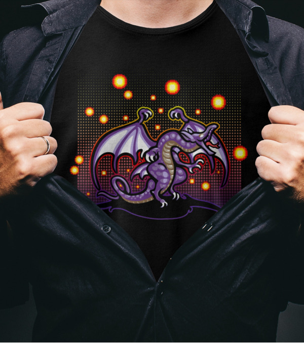 Bahamut Megaflare Pixel Art With Fireball Background T-Shirt