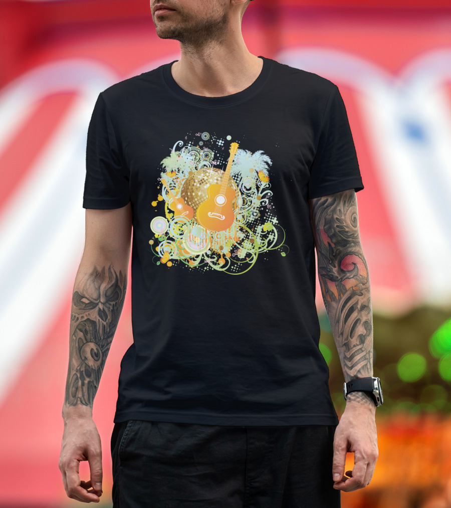 Disco Ball Guitars with Vibrant Swirls and Butterflies T-Shirt