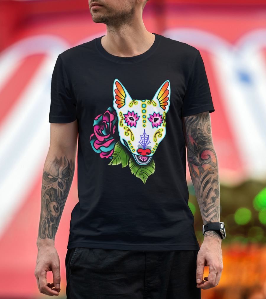 Day of the Dead Sugar Skull Bull Terrier with Rose T-Shirt