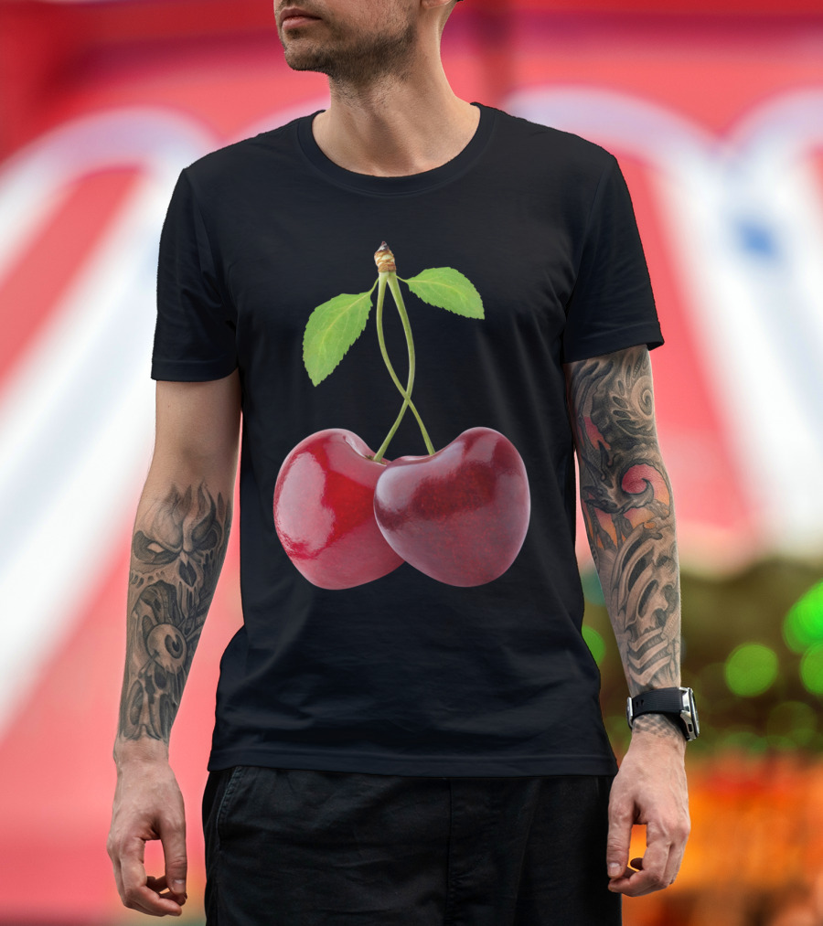 Heart Shaped Cherries Intertwined Stems and Leaves T-Shirt