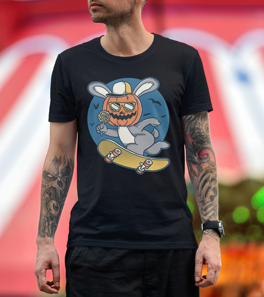 Bunny Jump Halloween Skateboarder Pumpkin Head with Lollipop T-Shirt