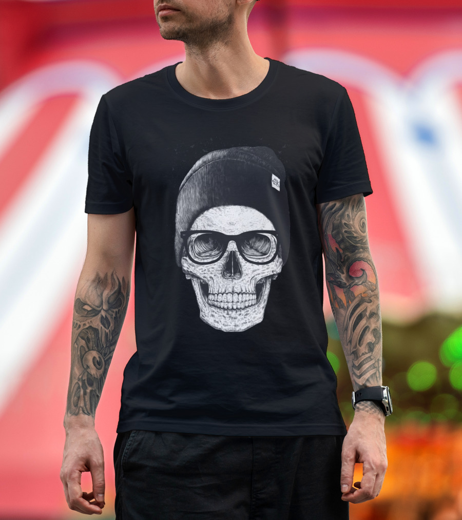Black Skull with Glasses and Beanie Hat T-Shirt