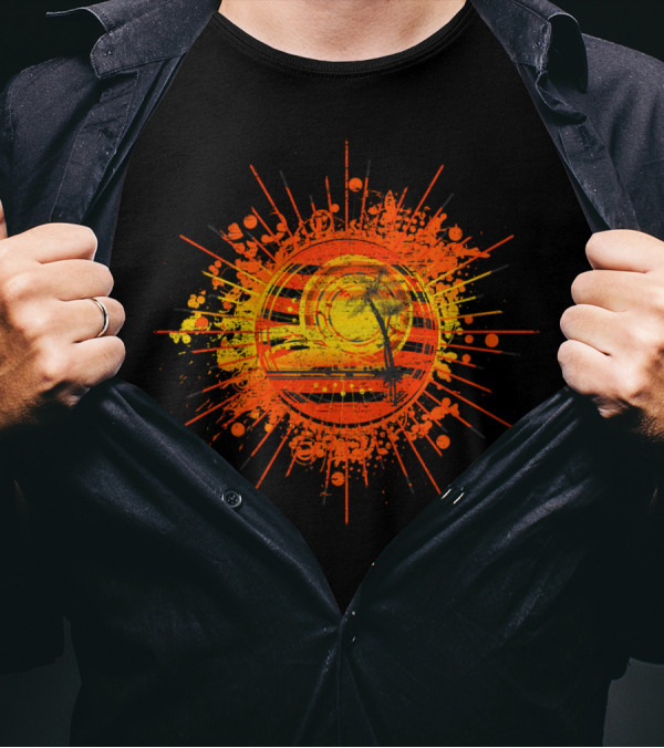 Summer Sunset Palm Trees Birds Flying In Orange And Yellow Burst T-Shirt