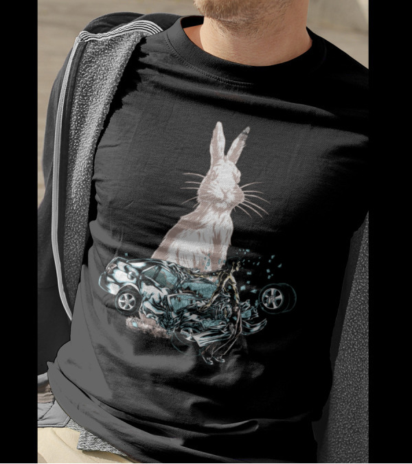 Rabbit In Your Headlights Crash Scene With Giant Rabbit And Crushed Car T-Shirt