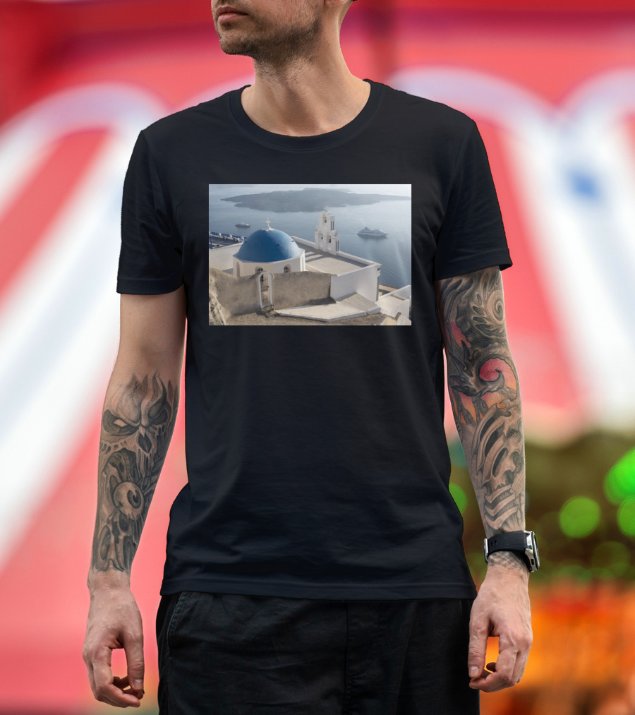 Blue Church Dome and Cruise Ship View Santorini T-Shirt