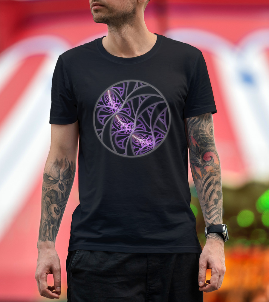 Entangled Fractal Spiral Fusion in Purple and Black T-Shirt
