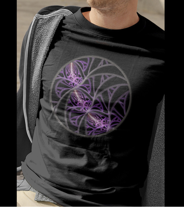 Entangled Fractal Spiral Fusion In Purple And Black T-Shirt