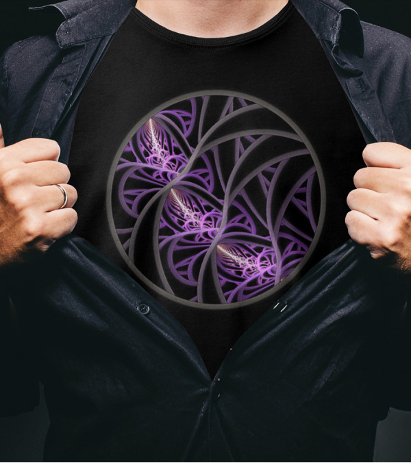 Entangled Fractal Spiral Fusion In Purple And Black T-Shirt