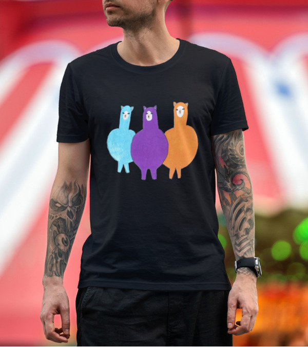 Premium T-Shirt: Llama Family Trio Multicolored Ensemble T-Shirt Llama Family Trio Multicolored Ensemble T-Shirt