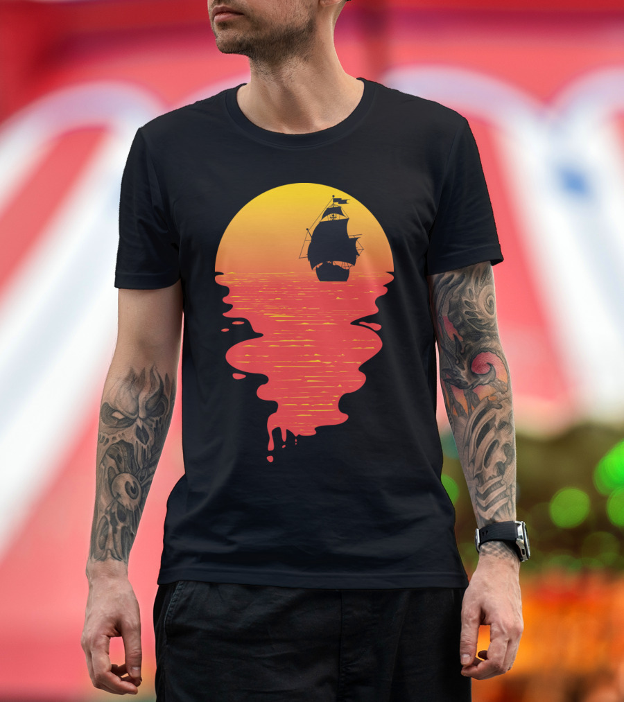 Pirate Ship Sailing Into Vibrant Sunset Horizon Reflections T-Shirt