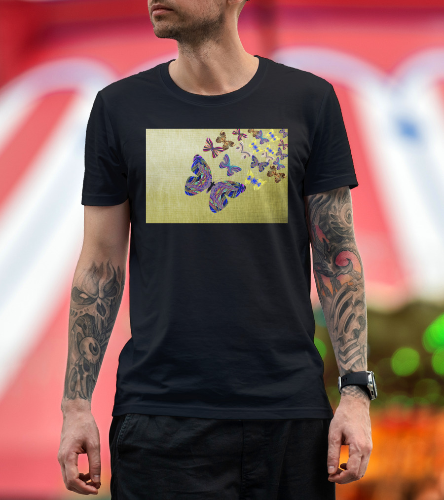 Flight Of The Colorful Butterflies Fluttering On Textured Green Background T-Shirt