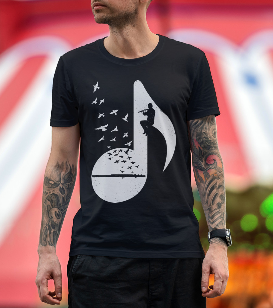 Musical Note Flute Silhouette with Flying Birds T-Shirt