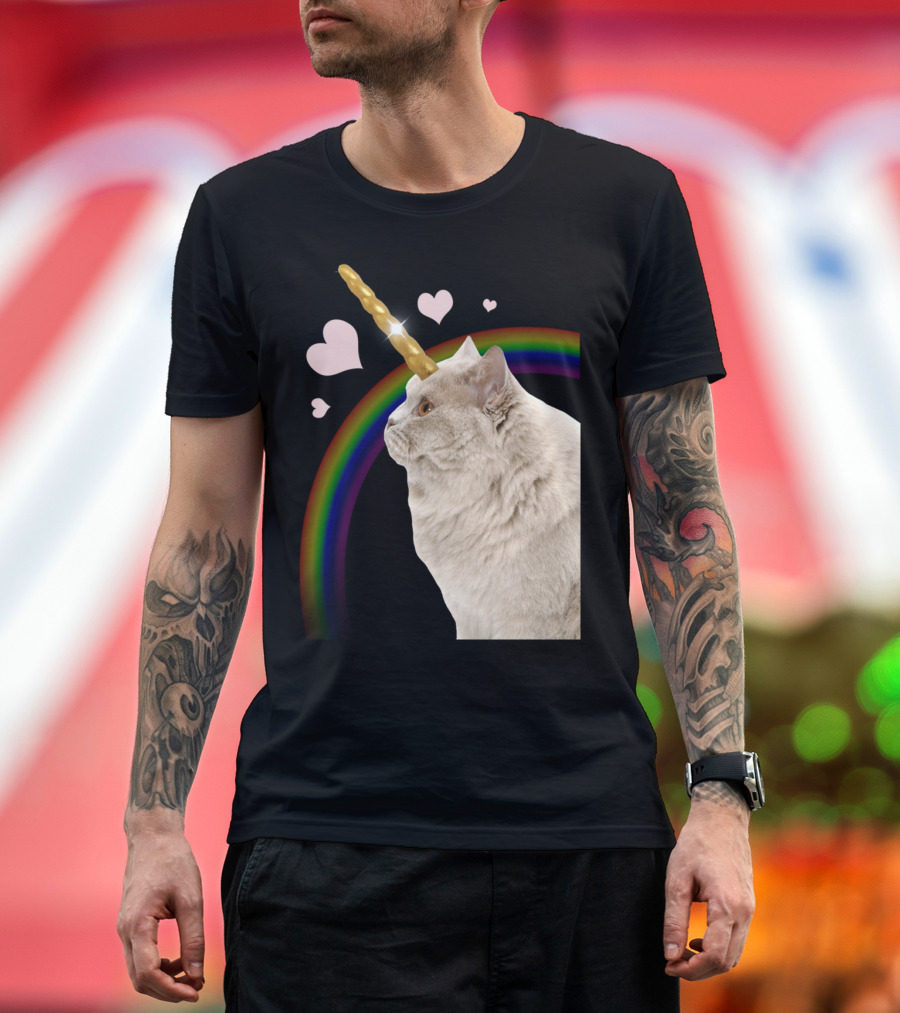 Unicorn Cat with Rainbow and Hearts T-Shirt