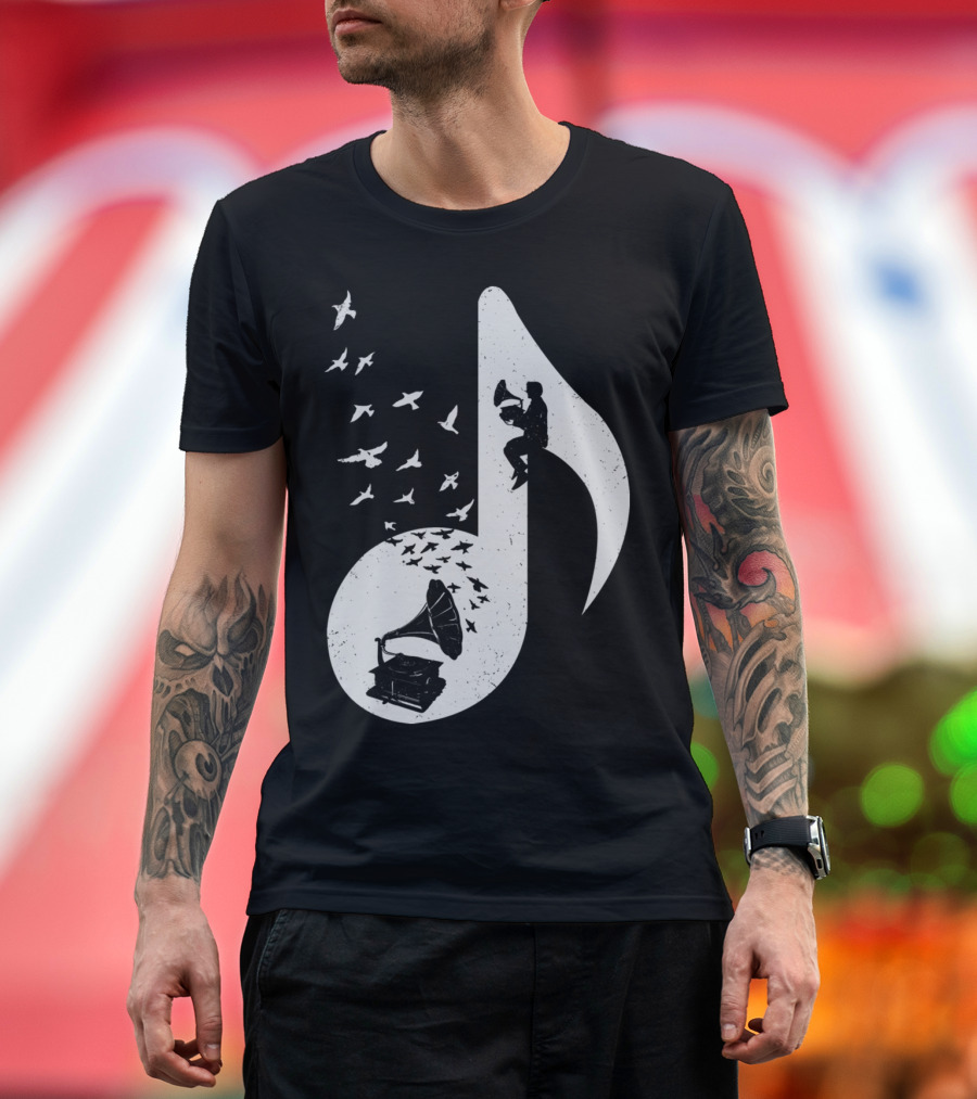 Musical Note Gramophone with Birds and Musician T-Shirt