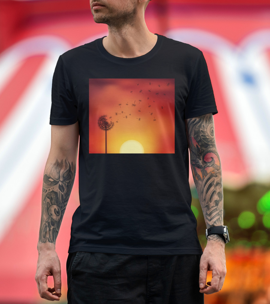 Sunset Seed Escape Dandelion Silhouette Against Orange Sky T-Shirt