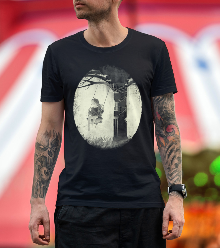 Lonely Swinging Girl in Industrial Landscape T-Shirt