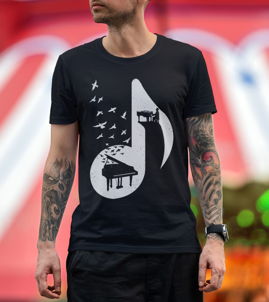 Musical Note with Piano and Flying Birds T-Shirt