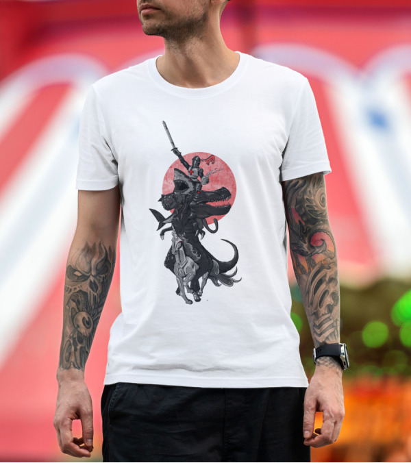 Premium T-Shirt: A Knight Riding a Dinosaur with a Sword and Cross on his Shield T-Shirt A Knight Riding a Dinosaur with a Sword and Cross on his Shield T-Shirt