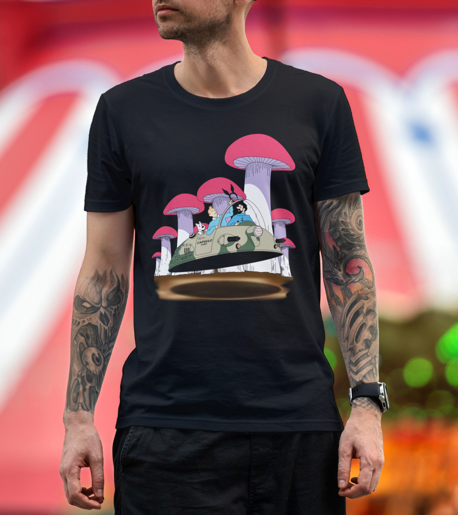 Tintin Joins Capsule Corp Adventure with Giant Pink Mushrooms and The Rabbit Mob T-Shirt