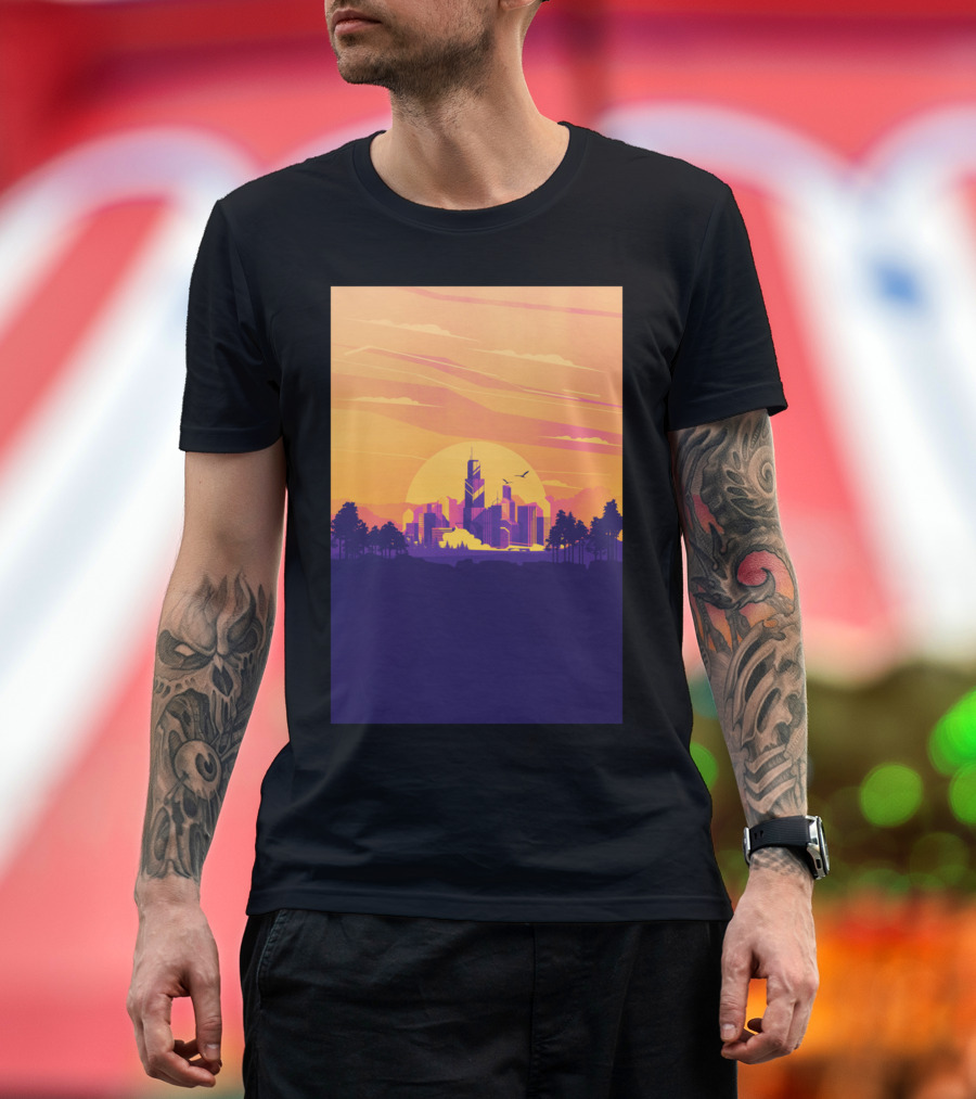 Compound Sunset Cityscape with Trees and Silhouette Skyline T-Shirt