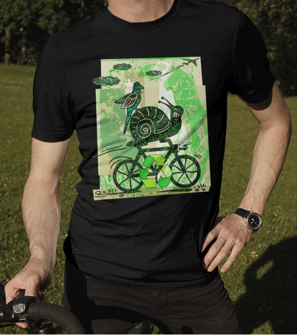 A Little Slow To Recycle Snail And Bird On Bicycle With Green Recycling Symbols T-Shirt