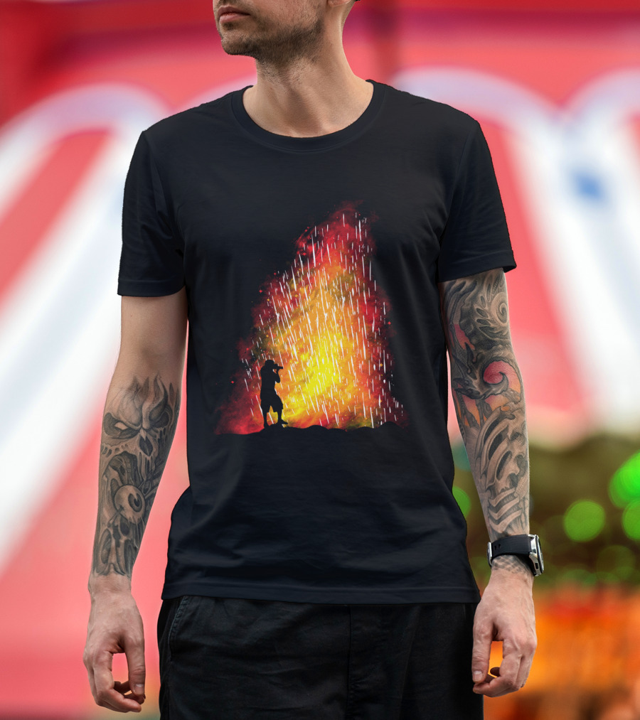 Eruption Volcano Silhouette Saxophone Player in Fiery Explosion T-Shirt
