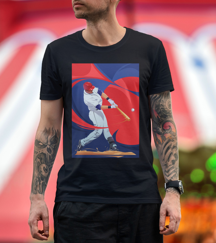 Baseball By Nik Player Swinging Red and Blue Dynamic Action T-Shirt