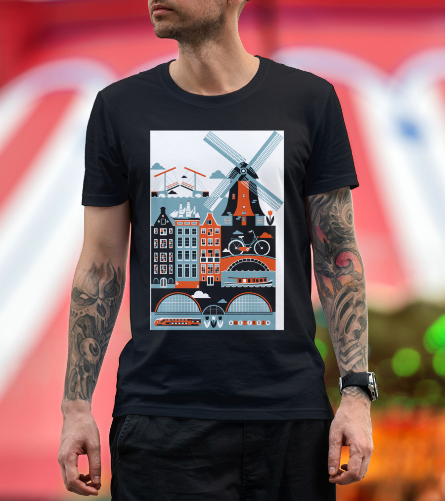 Amsterdam Windmill Bicycle Canal Houses Tulip Boat Icons T-Shirt