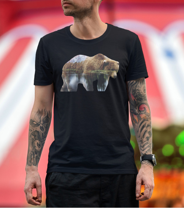 Premium T-Shirt: Nature Bear Double Exposure Design with River and Mountain Scenery T-Shirt Nature Bear Double Exposure Design with River and Mountain Scenery T-Shirt