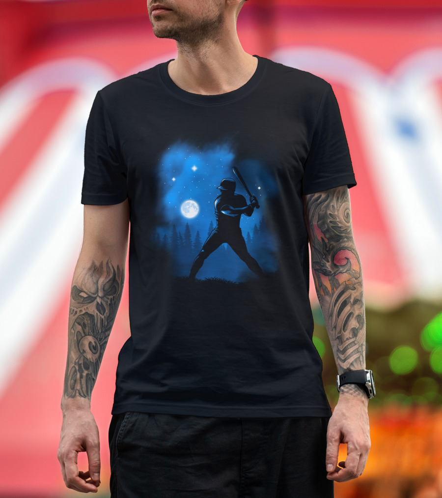 Baseball Player Silhouette Swinging Bat at Night Sky Moon and Stars T-Shirt