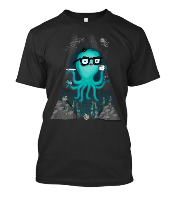 Nerdtopus Octopus With Glasses Holding Coffee And Rubik's Cube T-Shirt